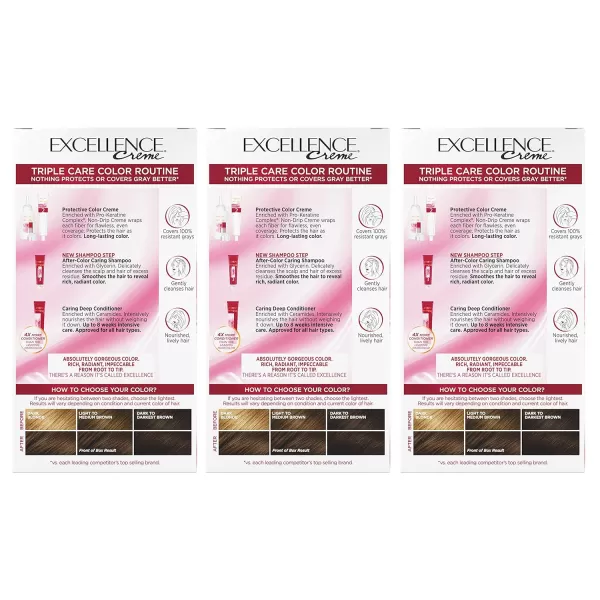 L'Oreal Paris Excellence Creme Permanent Hair Color, 4 Dark Brown, 100 percent Gray Coverage Hair Dye, Pack of 2