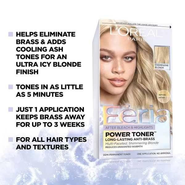 L'Oreal Paris Feria Long-Lasting Anti Brass Power Hair Toner, Ammonia Free Demi Permanent Hair Color, Pearl Blonde Hair Toner, 1 Application