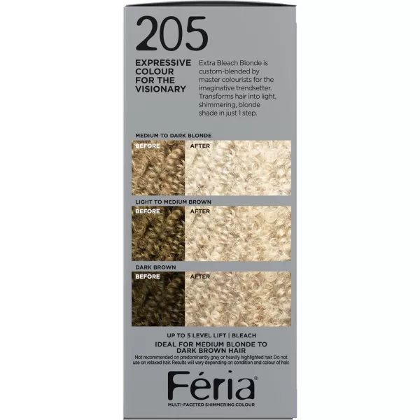 L'Oreal Paris Feria Multi-Faceted Shimmering Permanent Hair Color, 205 Bleach Blonding , Pack of 1, Hair Dye)