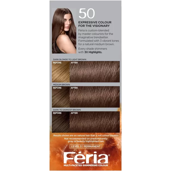 L'Oreal Paris Feria Multi-Faceted Shimmering Permanent Hair Color, B61 Downtown Brown, Hair Dye Kit, Pack of 2