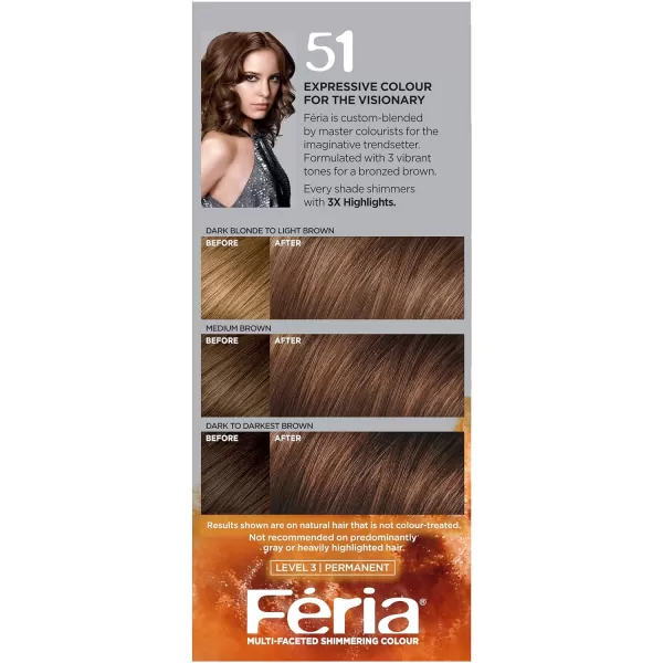 L'Oreal Paris Feria Multi-Faceted Shimmering Permanent Hair Color, B61 Downtown Brown, Hair Dye Kit, Pack of 2)