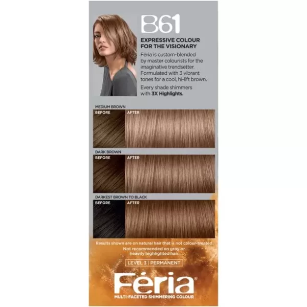 L'Oreal Paris Feria Multi-Faceted Shimmering Permanent Hair Color, B61 Downtown Brown, Hair Dye Kit, Pack of 2)