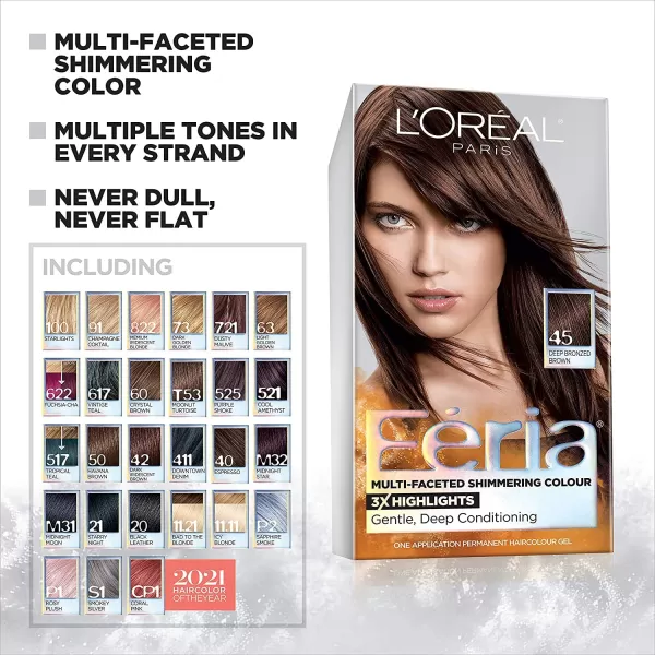 L'Oreal Paris Feria Multi-Faceted Shimmering Permanent Hair Color, B61 Downtown Brown, Hair Dye Kit, Pack of 2)