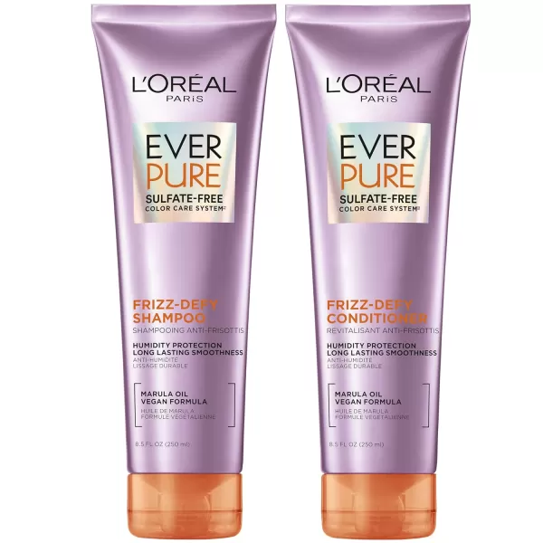 L'Oreal Paris Frizz Defy Shampoo and Conditioner Set, Frizz Control Hair Care with Marula Oil, EverPure, 8.5 Fl Oz, Set of 2