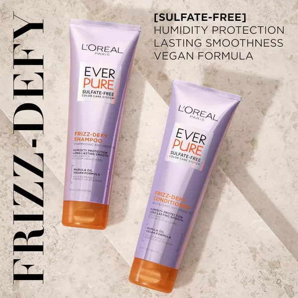 L'Oreal Paris Frizz Defy Shampoo and Conditioner Set, Frizz Control Hair Care with Marula Oil, EverPure, 8.5 Fl Oz, Set of 2
