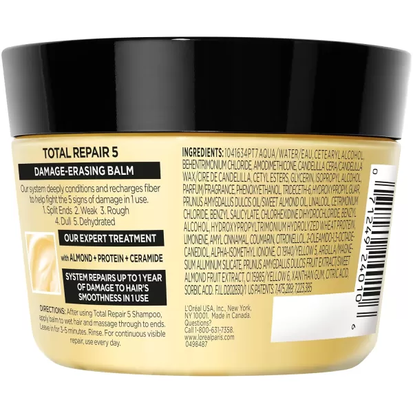 L'Oreal Paris Hair Care Elvive Total Repair 5 Damage Erasing Balm, Conditioning Hair Mask for Damaged Hair, with Almond and Protein, 8.5 fl; oz, 