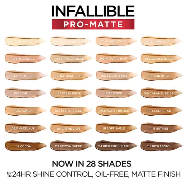 L'Oreal Paris K1828700 Infallible Pro-Matte Liquid Longwear Foundation Makeup, 102 Shell Beige, 1 Fl; Oz.
