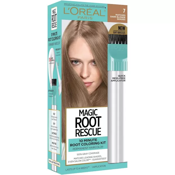 L'Oreal Paris Magic Root Rescue 10 Minute Root Hair Coloring Kit, Permanent Hair Color with Quick Precision Applicator, 100 percent Gray Coverage, 7 Dark Blonde, 1 kit 