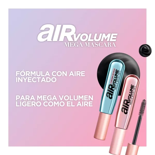 L'Oreal Paris Makeup Air Volume Mega Mascara, Lightweight &amp; Long-lasting Volumizing Mascara for Voluminous Eyelashes, Washable Blackest Black, 0.3 Fl Oz