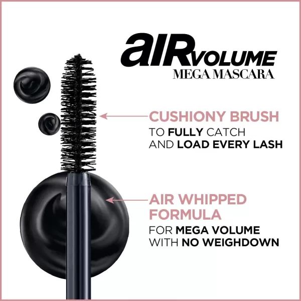 L'Oreal Paris Makeup Air Volume Mega Mascara, Lightweight &amp; Long-lasting Volumizing Mascara for Voluminous Eyelashes, Washable Blackest Black, 0.3 Fl Oz