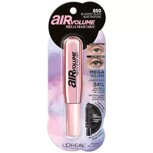 L'Oreal Paris Makeup Air Volume Mega Mascara, Lightweight &amp; Long-lasting Volumizing Mascara for Voluminous Eyelashes, Washable Blackest Black, 0.3 Fl Oz