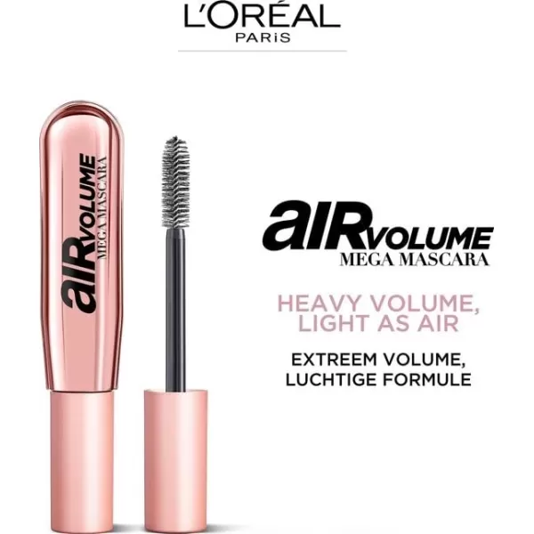 L'Oreal Paris Makeup Air Volume Mega Mascara, Lightweight &amp; Long-lasting Volumizing Mascara for Voluminous Eyelashes, Washable Blackest Black, 0.3 Fl Oz