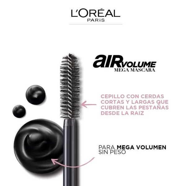 L'Oreal Paris Makeup Air Volume Mega Mascara, Lightweight &amp; Long-lasting Volumizing Mascara for Voluminous Eyelashes, Washable Blackest Black, 0.3 Fl Oz