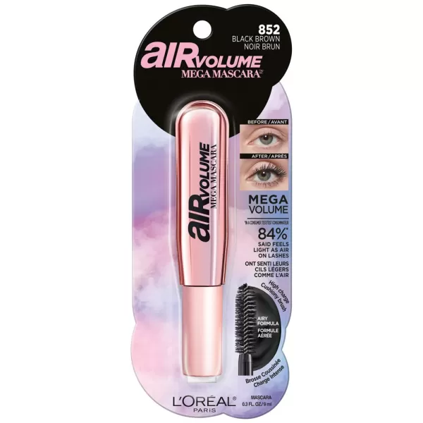 L'Oreal Paris Makeup Air Volume Mega Mascara, Lightweight &amp; Long-lasting Volumizing Mascara for Voluminous Eyelashes, Washable Blackest Black, 0.3 Fl Oz