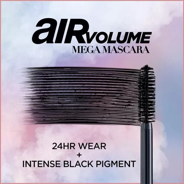 L'Oreal Paris Makeup Air Volume Mega Mascara, Lightweight &amp; Long-lasting Volumizing Mascara for Voluminous Eyelashes, Washable Blackest Black, 0.3 Fl Oz