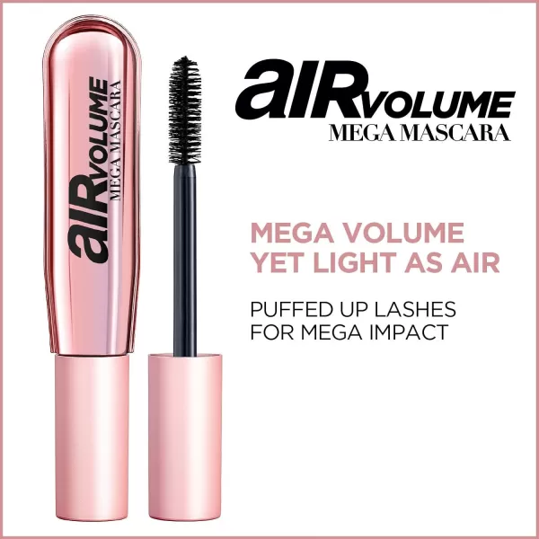 L'Oreal Paris Makeup Air Volume Mega Mascara, Lightweight &amp; Long-lasting Volumizing Mascara for Voluminous Eyelashes, Washable Blackest Black, 0.3 Fl Oz