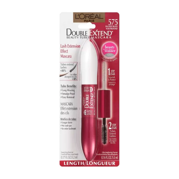 L'Oreal Paris Makeup Double Extend Beauty Tubes Lengthening 2 Step Mascara, Black, 1 Tube