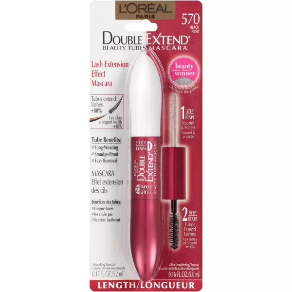 L'Oreal Paris Makeup Double Extend Beauty Tubes Lengthening 2 Step Mascara, Black, 1 Tube