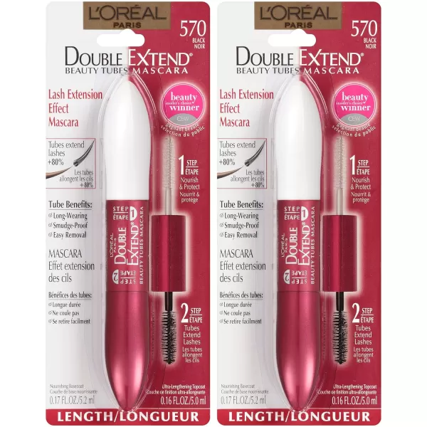 L'Oreal Paris Makeup Double Extend Beauty Tubes Lengthening 2 Step Mascara, Black, 1 Tube