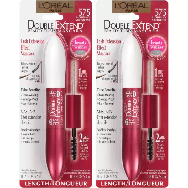 L'Oreal Paris Makeup Double Extend Beauty Tubes Lengthening 2 Step Mascara, Black, 1 Tube