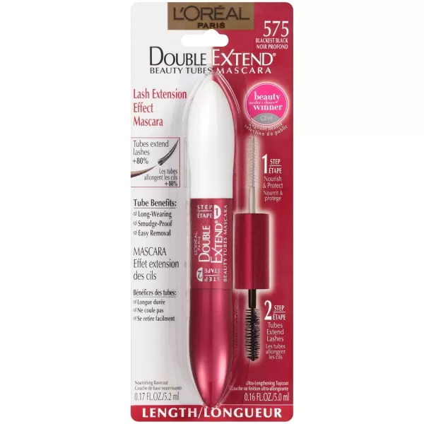 L'Oreal Paris Makeup Double Extend Beauty Tubes Lengthening 2 Step Mascara, Black, 1 Tube