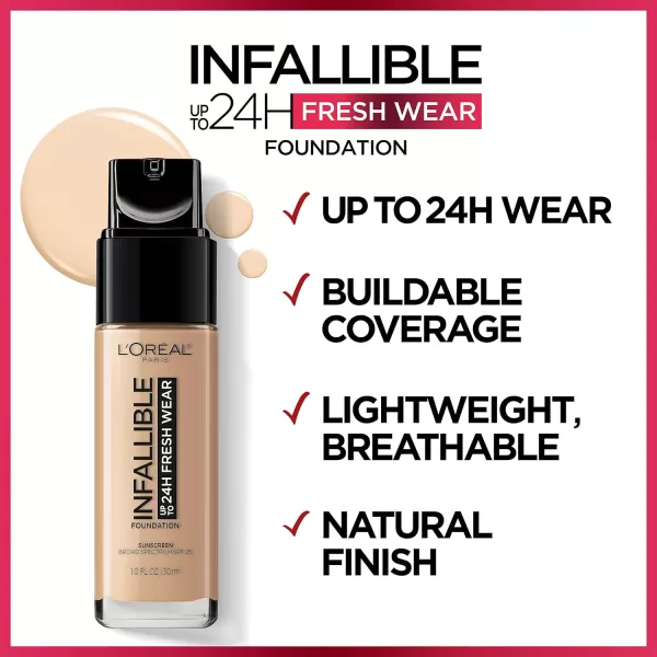 L'Oreal Paris Makeup Infallible Up to 24 Hour Fresh Wear Lightweight Foundation, Hazelnut, 1 Fl Oz.