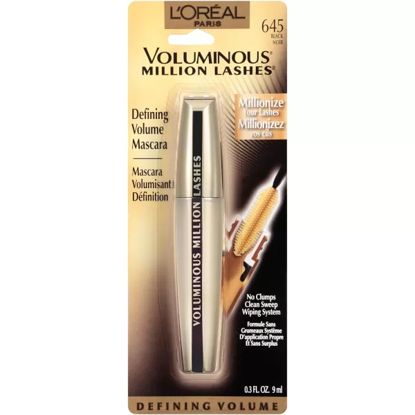 L’Oreal Paris Makeup Voluminous Million Lashes Mascara, Volumizing Collagen Infused Eye Makeup, Amplifying Mascara Brush, Washable, Blackest Black, 0.3 Fl Oz., 2 Count