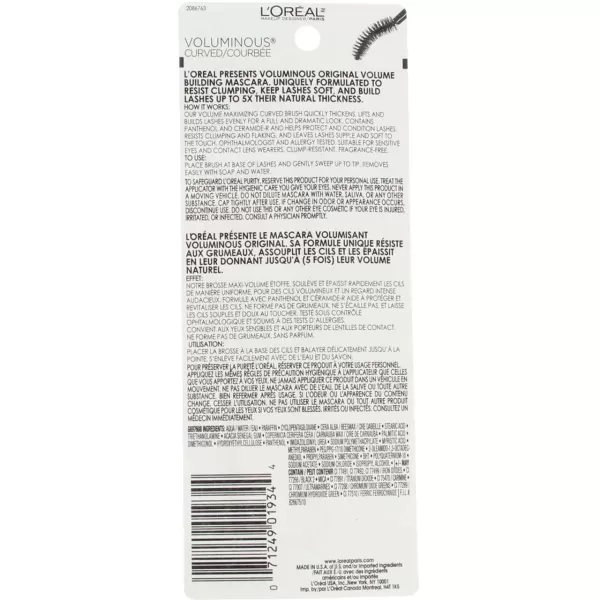 L'Oreal Paris Makeup Voluminous Original Volume Building Mascara with Curved Brush, Black, 2 Count