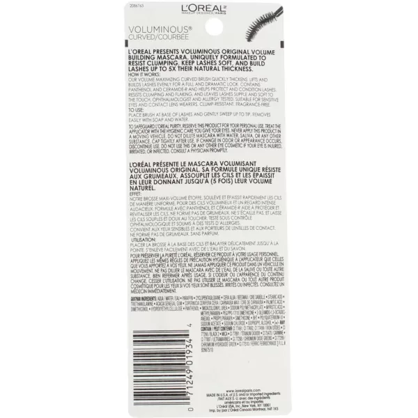 L'Oreal Paris Makeup Voluminous Original Volume Building Mascara with Curved Brush, Black, 2 Count
