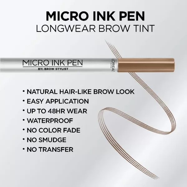 L'Oreal Paris Micro Ink Pen by Brow Stylist, Longwear Brow Tint, Hair-Like Effect, Up to 48HR Wear, Precision Comb Tip, Brunette, 0.033 fl; oz.