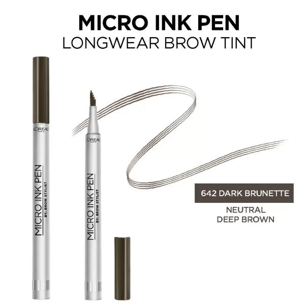 L'Oreal Paris Micro Ink Pen by Brow Stylist, Longwear Brow Tint, Hair-Like Effect, Up to 48HR Wear, Precision Comb Tip, Brunette, 0.033 fl; oz.