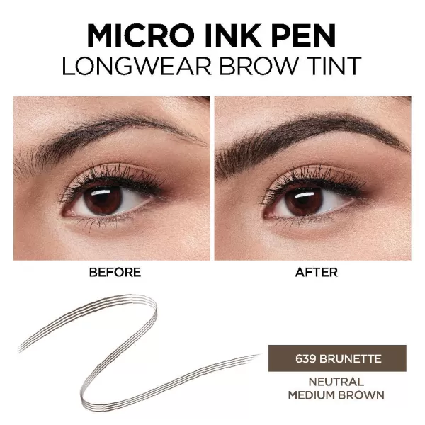 L'Oreal Paris Micro Ink Pen by Brow Stylist, Longwear Brow Tint, Hair-Like Effect, Up to 48HR Wear, Precision Comb Tip, Brunette, 0.033 fl; oz.