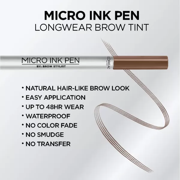 L'Oreal Paris Micro Ink Pen by Brow Stylist, Longwear Brow Tint, Hair-Like Effect, Up to 48HR Wear, Precision Comb Tip, Brunette, 0.033 fl; oz.