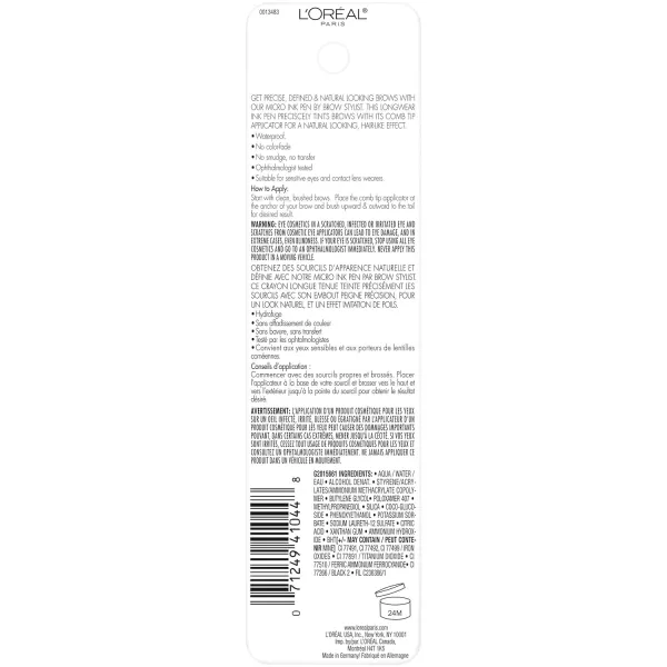 L'Oreal Paris Micro Ink Pen by Brow Stylist, Longwear Brow Tint, Hair-Like Effect, Up to 48HR Wear, Precision Comb Tip, Brunette, 0.033 fl; oz.