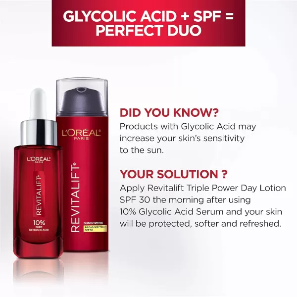 L'Oreal Paris Revitalift 10% Pure Glycolic Acid Face Serum, Visibly Evens Tone &amp; Reduce Wrinkles, Fragrance Free 1.0 fl oz 