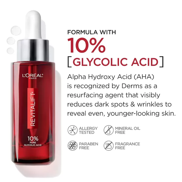 L'Oreal Paris Revitalift 10% Pure Glycolic Acid Face Serum, Visibly Evens Tone &amp; Reduce Wrinkles, Fragrance Free 1.0 fl oz 