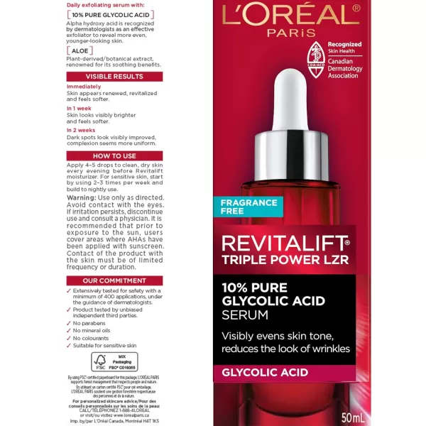 L'Oreal Paris Revitalift 10% Pure Glycolic Acid Face Serum, Visibly Evens Tone &amp; Reduce Wrinkles, Fragrance Free 1.0 fl oz 