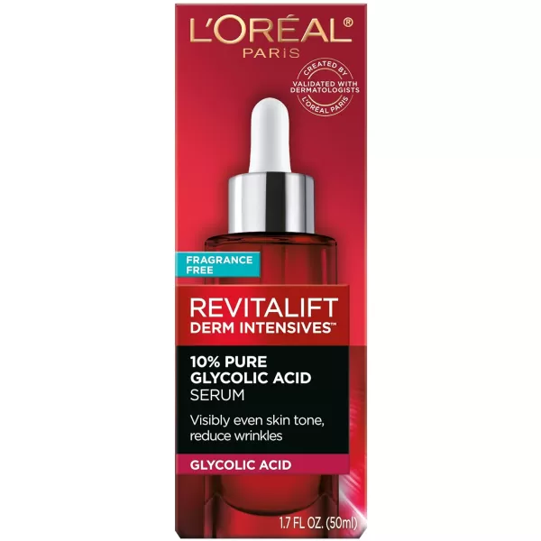 L'Oreal Paris Revitalift 10% Pure Glycolic Acid Face Serum, Visibly Evens Tone &amp; Reduce Wrinkles, Fragrance Free 1.0 fl oz 