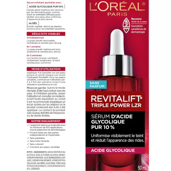 L'Oreal Paris Revitalift 10% Pure Glycolic Acid Face Serum, Visibly Evens Tone &amp; Reduce Wrinkles, Fragrance Free 1.0 fl oz 