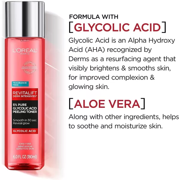 L'Oreal Paris Revitalift 5% Pure Glycolic Acid Peeling Toner with Aloe Vera, Alcohol Free, Fragrance Free 6 fl oz)