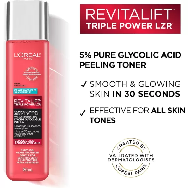 L'Oreal Paris Revitalift 5% Pure Glycolic Acid Peeling Toner with Aloe Vera, Alcohol Free, Fragrance Free 6 fl oz)