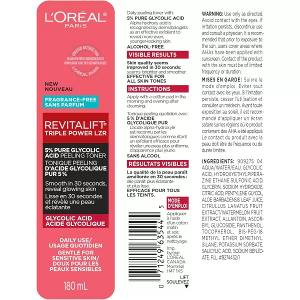 L'Oreal Paris Revitalift 5% Pure Glycolic Acid Peeling Toner with Aloe Vera, Alcohol Free, Fragrance Free 6 fl oz)