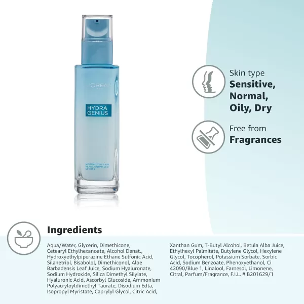 L'Oreal Paris Skincare Hydra Genius Daily Liquid Care Oil-Free Face Moisturizer for Normal to Dry Skin, Hyaluronic Acid Moisturizer for Face with Aloe Water and Hyaluronic Acid, 3.04 fl. oz.)
