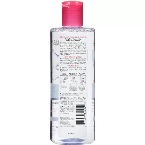 L'Oreal Paris Skincare Micellar Cleansing Water Complete Cleanser to Remove Makeup, Gentle Cleanser, Makeup Remover, 13.5 Fl Oz