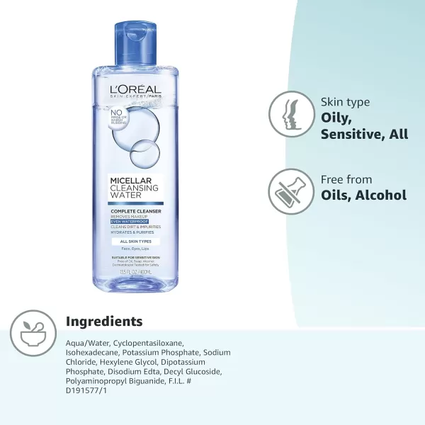 L'Oreal Paris Skincare Micellar Cleansing Water Complete Cleanser to Remove Makeup, Gentle Cleanser, Makeup Remover, 13.5 Fl Oz