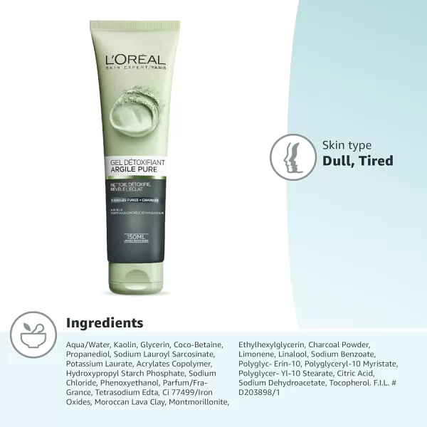 L'Oreal Paris Skincare Pure-Clay Facial Cleanser with Charcoal for Dull and Tired Skin to Detox and Brighten, Face Wash for All Skin Types, 4.4 fl; oz.)