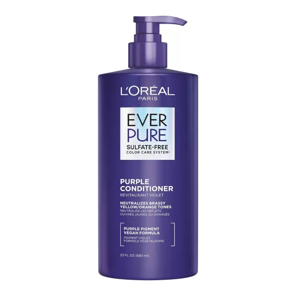 L’Oreal Paris Sulfate Free Brass Toning Purple Conditioner for Blonde, Bleached, Silver, or Brown Highlighted Hair, EverPure, 23 Fl Oz 