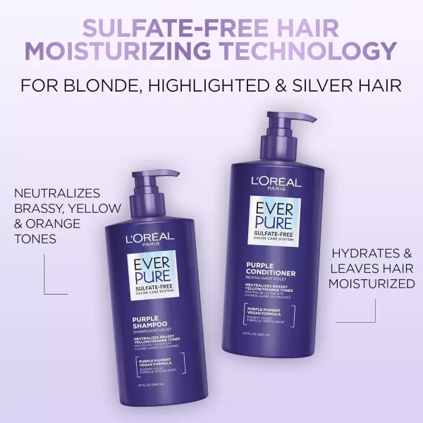 L’Oreal Paris Sulfate Free Brass Toning Purple Shampoo for Blonde, Bleached, Silver, or Brown Highlighted Hair, EverPure, 23 Fl Oz 