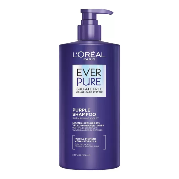 L’Oreal Paris Sulfate Free Brass Toning Purple Shampoo for Blonde, Bleached, Silver, or Brown Highlighted Hair, EverPure, 23 Fl Oz 
