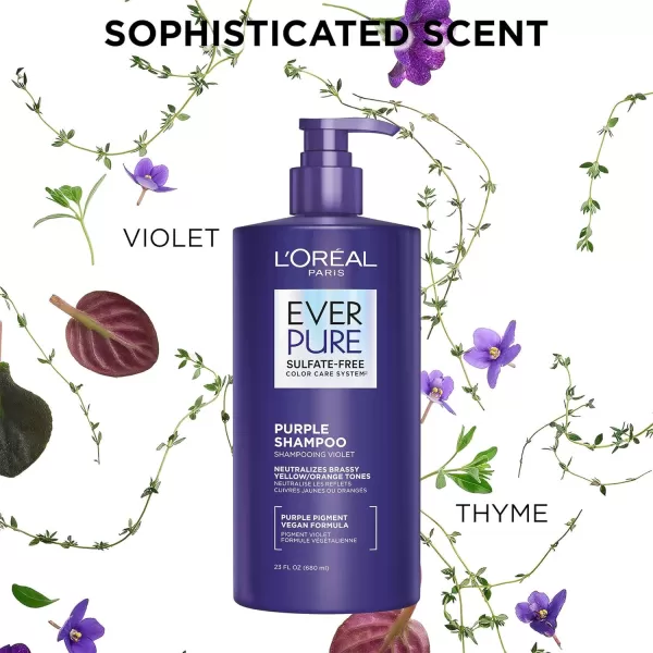 L’Oreal Paris Sulfate Free Brass Toning Purple Shampoo for Blonde, Bleached, Silver, or Brown Highlighted Hair, EverPure, 23 Fl Oz 